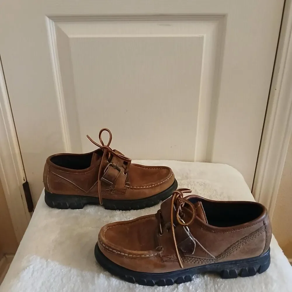 Y2K Vintage Ralph Lauren Brown Leather Buckle Strap Lug Sole Shoes 9 Preppy
